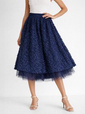 Halogen x Atlantic-Pacific Navy Floral Textured Midi Skirt Size XS